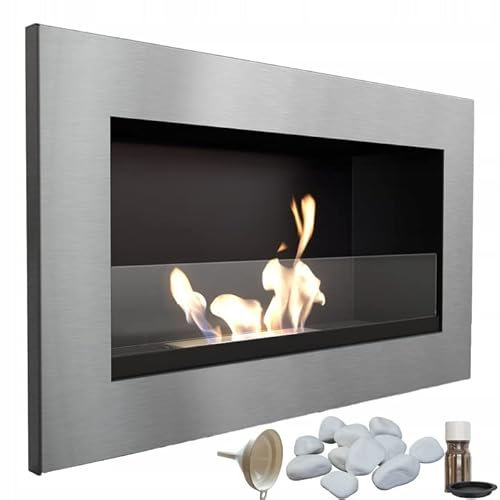 KRATKI Golf Indoor Bioetanol Chimenea de Pared Biocontainer 0,2 l Certificado TÜV Acero Pulido con acristalamiento 37 x 64 cm Plus Juego de aromaterapia con bálsamo de limón