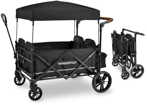 WonderFold X4 Ziehen & Schieben Quad Bollerwagen (4 Sitzer) - zusammenklappbarer Kinderwagen mit Sitzen mit 5-Punkt-Gurten, verstellbarem Schiebegriff und Sonnendach, Black