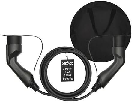 DELTACO Typ 2 EV-Ladekabel für E-Autos & Hybrid Fahrzeuge inkl. Tasche, Elektroauto Charge Mennekes Kabel, Kompatibel mit ID.3, ID.4, Zoe, E-Tron, Model S/3/X/Y, Leaf, 3-phasig, 16A | 11kW, 3 Meter