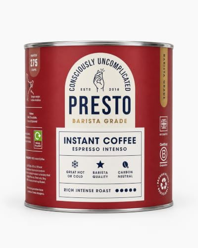 Presto Espresso Intenso Instant Coffee 500g | Great Tasting Freeze Dried Coffee | Rich Intense Roast | 100% Robusta | Single Origin Brazil | Dark Chocolate and Treacle | 275 Cups | Rainforest Alliance Certified beans with dark chocolate notes, packed in recyclable packaging to support eco-conscious cafes.