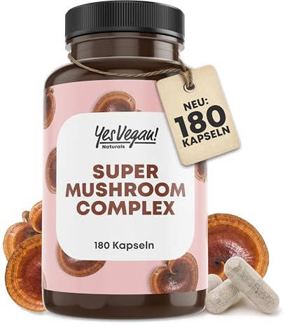 Pilz Komplex plus B2 B5 B6 (180 Kapseln) mit 7 Pilze: Lions mane, Reishi Pilz, Cordyseps, Chaga, hericium erinaceus – Super Mushroom Complex - Alternative zu Mushroom Coffee