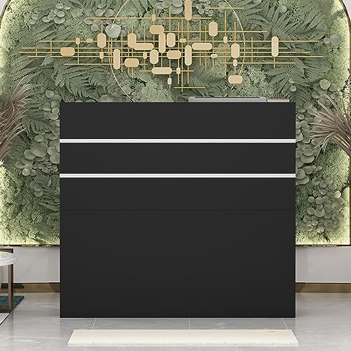 PREMTURE Bancone reception, tavolo negozio, banco vendita, per ufficio con 3 cassetti e 1 mobile, 110 X 120 X 48 cm, nero