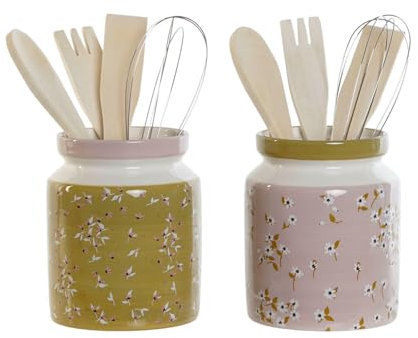 DKD Home Decor Bote para Utensilios de Cocina de la Marca, Color Verde y Lila, de Metal y Madera MDF (12 x 12 x 25 centímetros) (2 Unidades)