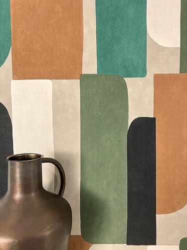 Newroom Vliestapete Grün Grafik Mustertapete Wohnzimmer Modern | Abstraktes Bogenmuster mit Salbeigrün Terrakotta, feine Leinenstruktur, matt, Boho Retro, Wandtapete, Waldgrün Creme, Flur