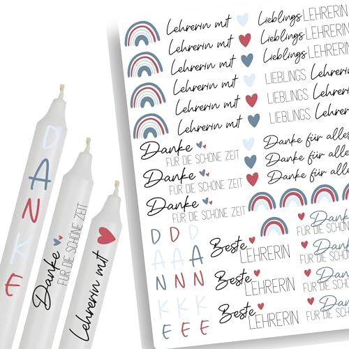 A4 Kerzentattoos Abschied für Lehrerinnen | Kerzenfolie für Kerzen | Tattoo Folie | Wasserschiebefolie für Stabkerzen | Geschenk für Lehrerin Grundschule Schule | Regenbogen in Blau