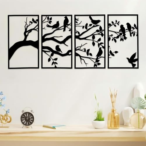 ruelen 4 Stück Metall Vögel und Zweig Wanddeko, Wandkunst Metall Baum 4 Paneele, Schwarze Blätter mit Vögel Silhouette Hängende Wandskulptur für Zuhause Büro Wohnzimmer Schlafzimmer Garten Balkon