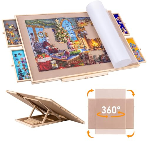 Sancallie 81 cm x 65 cm lutande pusselbräda i trä med lådor, staffli halkfri yta pusselbordstillbehör för upp till 1 500 bitar pussel med 4 sorteringsbrickor