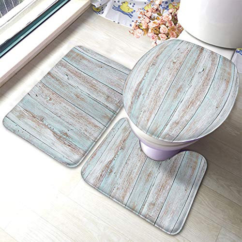 Set 3 Teilig Badvorleger Pastell Holz Holz Weiß Blau Mit Plankenstruktur Alt Und Schön Fußmatte Langlebige Wasserabsorbierend Badematte Und Wc-Vorleger-Set, Für Badezimmer, Wc-Sitz Bezug