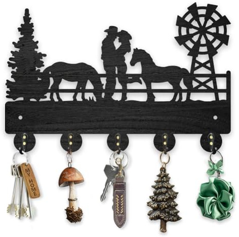 MAYJOYDIY Kleiderhaken aus Holz, Cowboy, Pferd, Bauernhof, Cowgirl, Windmühle, Schlüsselhalter, 11,87,9 cm, Wandkunst, Dekoration, Geschenk, schwarz, Wand-Schlüsselregal, Organizer, 5 Haken aus