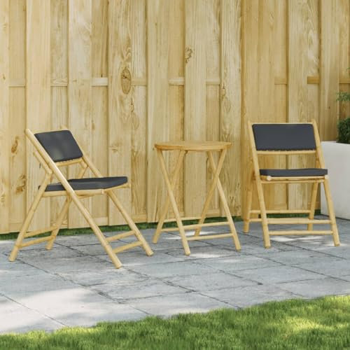 LAPOOH 3-TLG. Bistro-Set Klappbar mit Dunkelgrauen Kissen Bambus, Gartenset Tisch Und Stühle, Balkon Möbel Für Kleinen Balkon, Terrassenmöbel, Balkonset, Balkonmöbel - 3208940