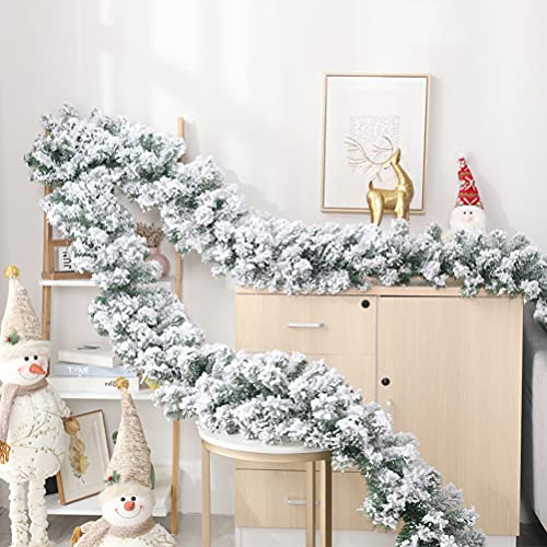 8.8ft Artificial Christmas Snowy Pine Garland, Winter Greenery Garland, White Flocked Spruce Garland Winter Frosted Pine Garland for Mantel Fireplace Table Centerpiece Decor