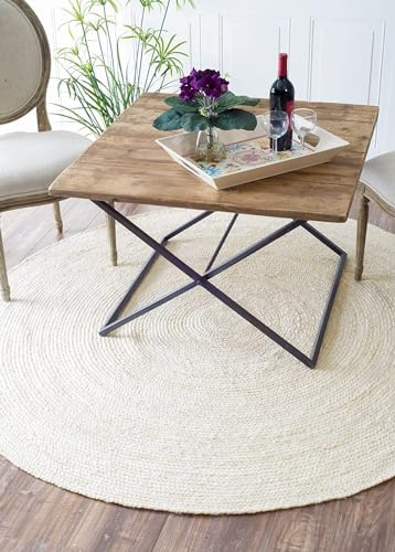 HandloomBazzar Handmade Hand Woven Braided Jute Natural Fibers Rug Bohemian Hand Braided Eco Friendly Rugs for Bedroom Kitchen Living Room Farmhouse(Off White,2' Round)