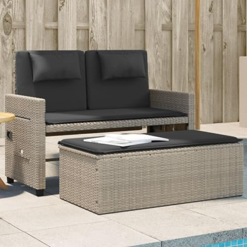 IKAYAA Gartensofa Ausziehbar Rattan Sofa 2 Sitzer Lounge Sofa Outdoor Kleines Balkon Sofa mit Hocker Balkonmöbel Rattansofa Bank Sitzbank Balkon Lounge Gartenbank Klappbare Beistelltisch