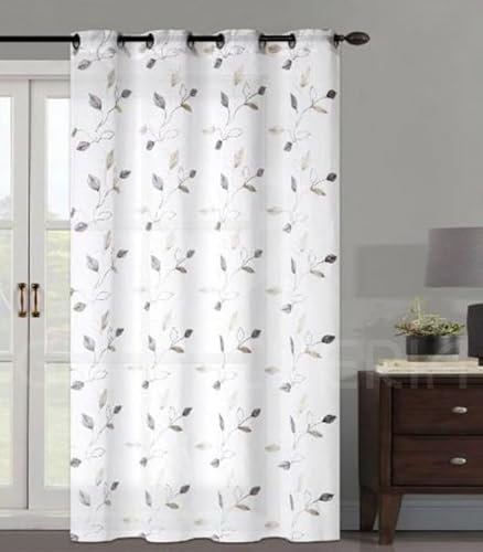 GBiancheria Tendaggio Tenda MILDRED Ricamo FOGLIE con Anelli in Alluminio mis.140×290 (2, Grigio/Beige)