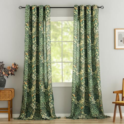 Green Pattern Curtains 95 Inch Length 2 Panels Vintage Boho Botanical Leaf Floral Curtains for Living Room, Grommet Semi-Sheer Privacy Linen Drapes French Country Cottagecore Curtain, 50 x 95 Inch
