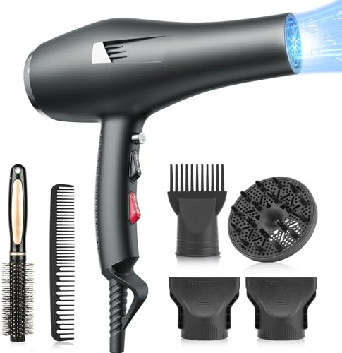 HappyGoo Hair Dryer Professional Ionic Hairdryer Fast Drying Salon with 2 Speed 3 Heat Setting, Cool Button, with Diffuser, Nozzle, Concentrator Comb for Women Man (Pitch Black)