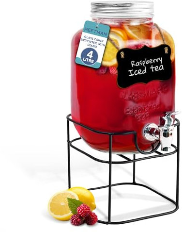 HEFTMAN Glass Drink Dispenser with Tap - 4 Litre Mason Jar Drink Dispenser with Plastic Tap & Metal Wire Stand - Drinks Dispenser, Cocktails, Empty Beverage Dispenser