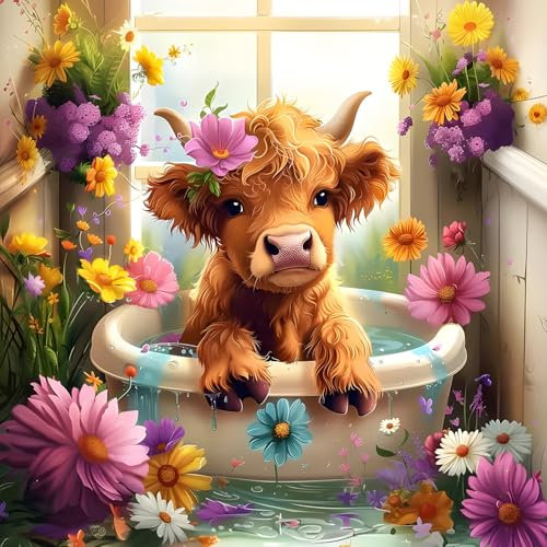 QQYRHN 5D Hochlandrind Diamond Painting Kit für Erwachsene Anfänger Badewanne Diamant Kunst Kits Vollständiges DIY Bunte Blumen Diamantstickerei-Set Perfekt zur Entspannung und Dekoration 30x30 cm