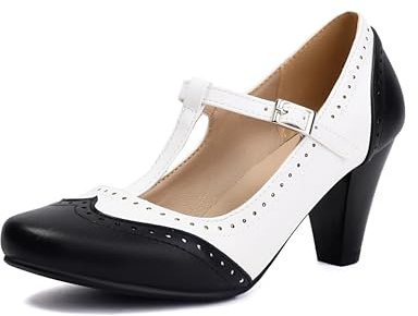 elerhythm dam Mary Jane Two Tone Classic och Retro Oxford Wingtip 1920-talet Pump Heels 1950-talet vintage rund stängd tå 1940-talet ankelrem klänning skor, svart, 39 EU