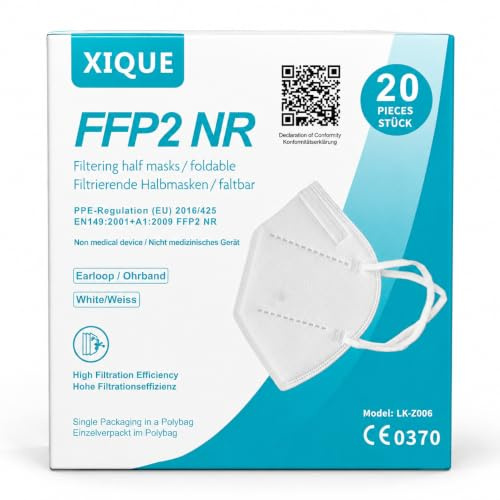 SESCO FFP2 Maske Xique 20 Stück mit Elastischen Ohrschlaufen, CE | CE-zertifiziert, Atemschutzmaske, Partikelfiltermaske, NR