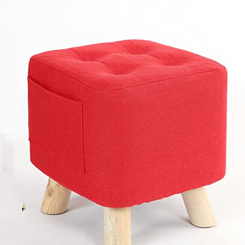 Leinen-Fußhocker, Ottomane für Wohnzimmer oder Schlafzimmer, kleiner Ruhehocker mit Schuhwechselfach, quadratischer Fußhocker in Rot, 28 x 28 x 31 cm