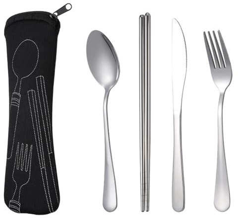 Eighosee 4-Teiliges Tragbares -Steakmesser-Set Aus Edelstahl, Reisebesteck Besteck Tischbesteck mit Tasche Schwarz