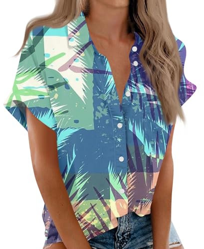 SCBFDI Tunika Damen Sommer, Elegante Blusen Musselin Bluse mit Hawaii Hemd Design Western Outfit, Hemdbluse Damen Lang Blau XXL