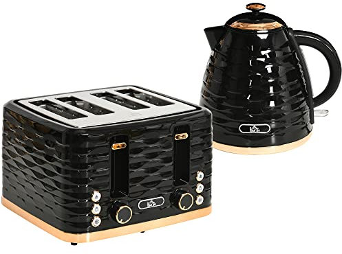 HOMCOM Wasserkocher Toaster Set Frühstück-Set mit 1,7L Wasserkocher, 4 Scheiben Toaster, 2200 W, 7 Bräunungsstufen, Auftauen, Aufwärmen und Krümelfach, Otter Thermostat, Schwarz