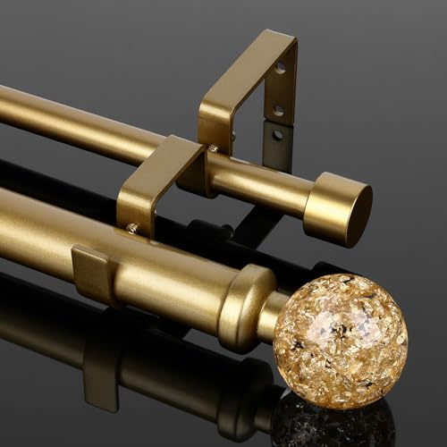 Goldene Doppel-Gardinenstange für Fenster, 183 bis 360 cm, robuste, verstellbare Doppel-Gardinenstange mit einzigartigen Kristallkugel-Endstücken, 2,5 cm, moderne dekorative Teleskop-Gardinenstange