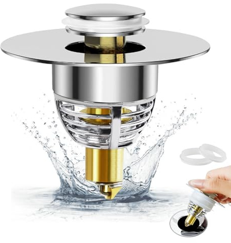 MAIJIAJU Bathroom Sink Plug Replacement with Brass Bounce Core, 32-42mm Universal Pop up Bath Sink Plug Stainless Drain Stopper Filter with Basket Hair Catcher for Wash Basin Bathtub Kitchen
