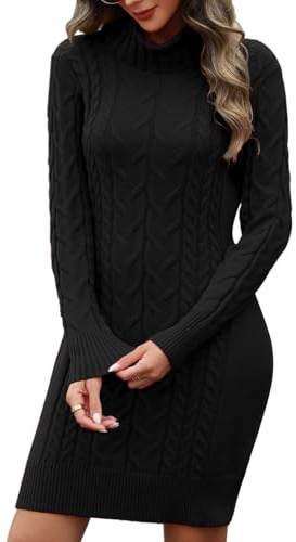 PASUDA Winter Jumper Dresses Women Stretchy Knitted Dress Ladies Long Sleeve Turtleneck Slim Fit Cable Tunic Sweater Dress Bodycon Pullover Knitwear (Black, L)