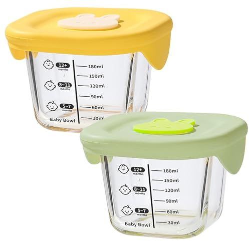 Baby Food Jars, Baby Food Containers 2Pcs 230ml Square High Borosilicate Glass Jars with Silicone Lid & Scale -20-400℃ Resistant Microwavable Storage Containers, Storage