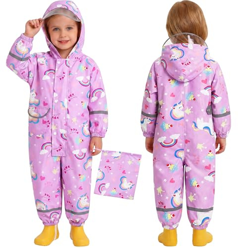 Baogaier Filles Imperméables Combinaison de Pluie pour Enfants Une Pièce Imperméable Mignon Dessin Animé Vestes Manteaux Respirante Léger Poncho Outdoor Vêtements 3-5 Ans, Violet Licorne