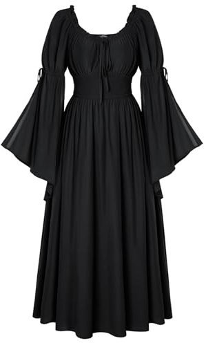 SCARLET DARKNESS Robe Renaissance femme robe paysanne médiévale épaules dénudées manches cloche longues, Noir , XL