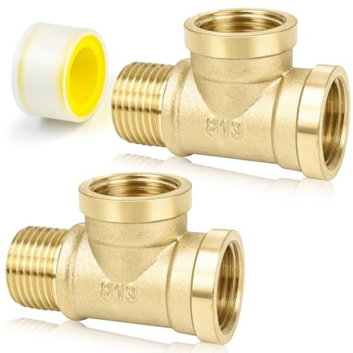 FLEXNOVA 2 Stück T Stück 1/2 Zoll (Ø 20mm), Messing T-stück 1/2 Zoll T Stück Adapter Wasseranschluss mit 2m Gewindedichtband G1/2 Adapter für Trinkwasser Wasserhahn Bad Wasseranschluss AGxIGxIG