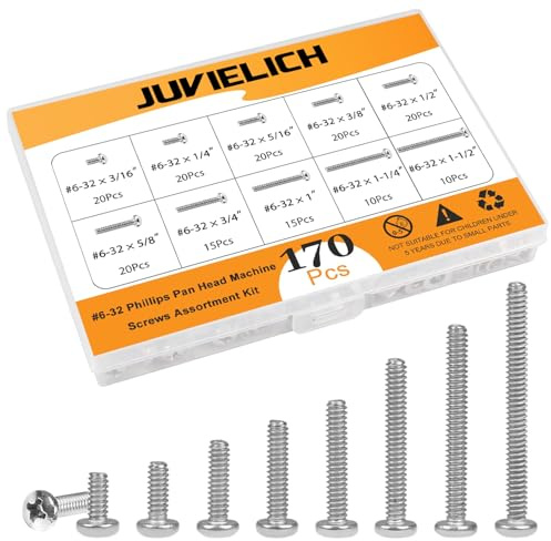 170 Pieces Machine Screws #6-32x 3/16,1/4, 5/16, 3/8, 1/2, 5/8, 3/4, 1, 1-1/4,1-1/2,10 Size #6-32 UNC Phillips Pan Head Machine Screws Assortment Kit for Cabinet Drawer Knob Pull Handle