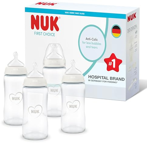 NUK First Choice Babyflaskor | 3+ månader | 240 ml | Anti-kolikmatningsflaska | Glas | Temperaturindikator | Regnbåge | 4 stycken