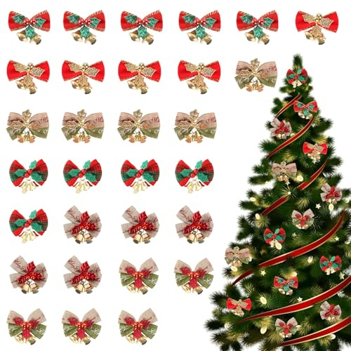 HTTDSLF 30 Piezas Lazos para Árbol de Navidad, Lazos de Navidad con Campanas, Adornos Navideños Decoración Regalos Casa, Guirnalda de Vibraciones Felices, Decorativo con Campanas para el Hogar