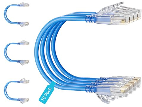 Mnlnbuao Cat6 Slim Patch Cables 0.5 Feet 10-Pack Blue, Cat6a Patch Cables 10Gbps 550MHz High-Speed, Cat 6 Ethernet Cable Pure Copper UTP, Flexible & Thin Patch Cable Cat 6 for Network Cabling