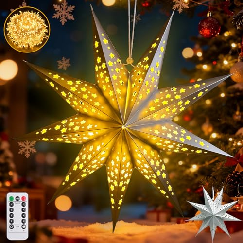 Papierstern Lampenschirm,50cm LED Papiersterne Zum Aufhängen mit Fernbedienung und Timer,Papierstern mit Beleuchtung 8 Leuchtmodi,Papierstern Beleuchtet zum Aufhängen,Weihnachtsstern Beleuchtet