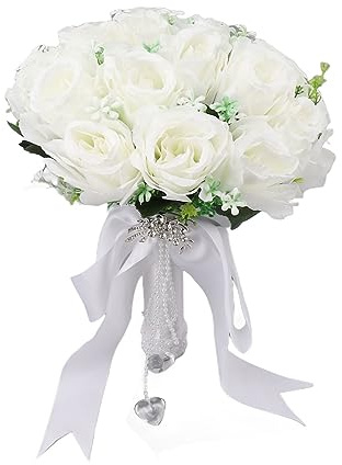 DIRBAK Elegante bouquet da sposa bianco, fiori di seta artificiale con accenti di cristallo per cerimonia nuziale, fotografia, sposa e damigelle d'onore, 31x22 cm