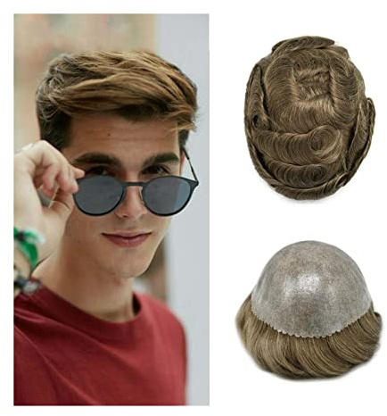 Für Männer Herren-Toupet, Echthaar, 0,1–0,12 mm, transparent, eingespritzte PU-Haut, männliches Toupet, Haarteil, natürlicher Haaransatz, mittelblondes Männer-Haarersatzsystem Perückenkopf(7x10)