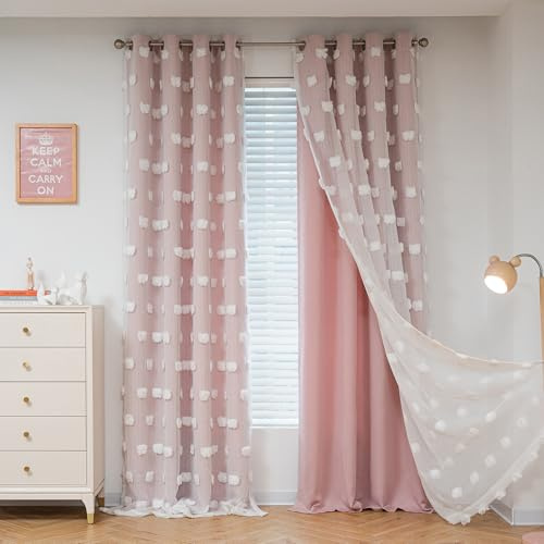 MYSKY HOME Gardinen Kinderzimmer Mädchen Verdunkelungsvorhang | Rosa,2er Set,H225 x B132 cm,Vorhänge mit Ösen Weiß Gaze Doppellagige Modern Gardine,Wohnzimmer Verdunkelung Vorhang