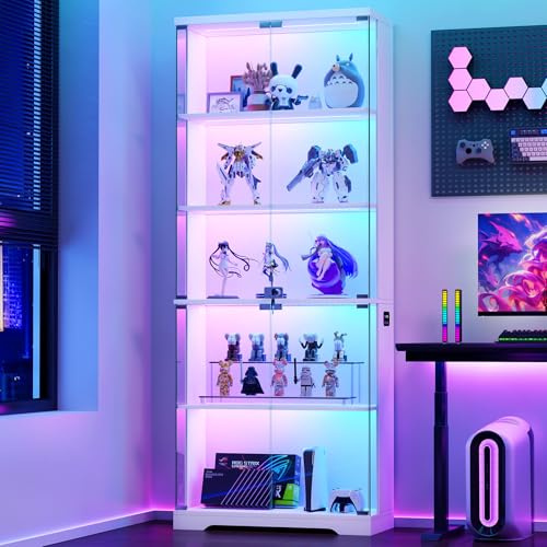 FREDEES RGB Display Cabinet with Glass Doors, 175CM, White | RGB Lights, 5-Tier Lockable Shelves for Collectibles/Figures/Books, Smart Human Sensor, For Living Room, Gaming Room