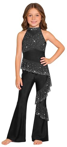 Eandarui Kinder Mädchen Eiskunstlauf Anzug Strass Glitzer Tanzoverall Ärmellos Jumpsuit Ganzkörper Turnanzug Voltigieranzug Mit Rüschen Volants Rock Tanzkostüm