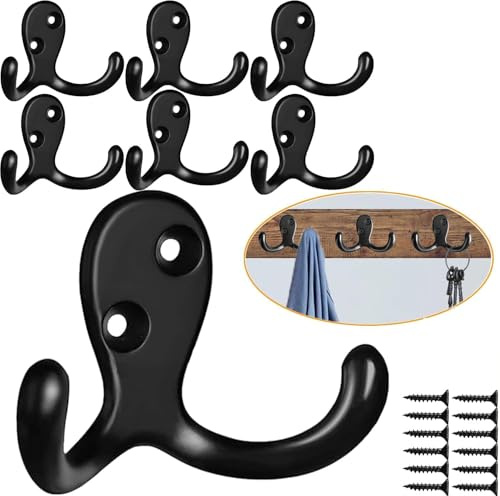 ASENTER 6 Pack Heavy Duty Double Coat Hooks – Wall Mounted Metal Robe Hooks with Screws – Retro Dual Prongs Hat & Towel Rail – Durable Black Storage Solution for Hallway, Bathroom, Kitchen, Bedroom