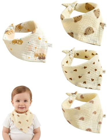 Luxorium 4 Baberos Recien Nacido Bandana 100% Algodón Muselina, Baberos Impermeables Bebé Niña Niño Absorbentes Transpirables Ajustables, Set con Motivos de Osito, Corazón, Arcoíris y Koala