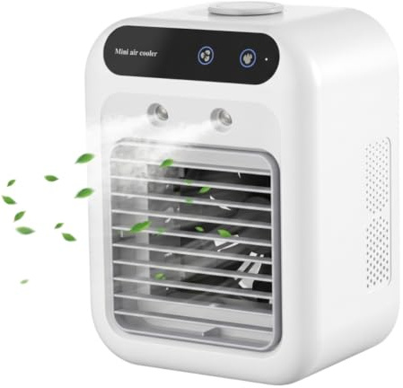 Aire acondicionado portátil recargable - Mini enfriador de aire con humidificación por pulverización y temporizador de 8 h, color blanco.