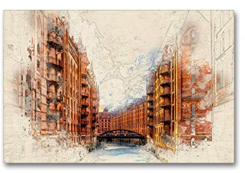Premium Textil-Leinwand 90 x 60 cm Quer-Format Speicherstadt in Hamburg | Wandbild, HD-Bild auf Keilrahmen, Fertigbild auf hochwertigem Vlies, Leinwanddruck von Peter Roder