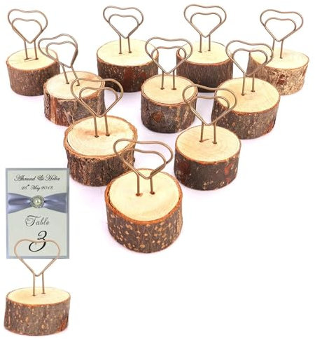Tischkartenhalter, rustikale Holztischnummernhalter Tischschildständer für Memo Photo Decorative Clip(Herz) (10pcs)